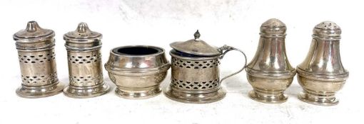 Mixed Lot: Three piece condiment set comprising cylindrical pierced shaped salt and pepper, hinged