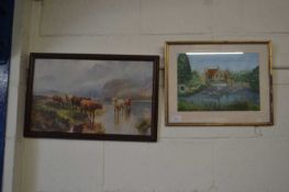 Watercolour study of a country house together with a framed print of a Highland scene