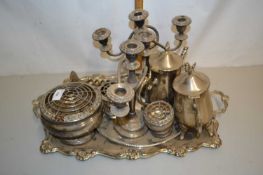 Mixed Lot: Various assorted silver plated wares to include serving trays, candelabra, tea wares etc