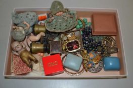 A tray of assorted costume jewellery, miniature dolls etc