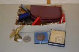 Box of various assorted items to include a manicure set, various horticultural medals etc