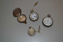 Group of three silver and base metal cased pocket watches plus a further empty case (4)
