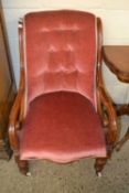 Victorian scroll arm carver chair with pink buttoned upholstery