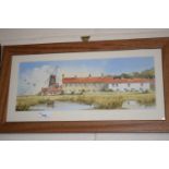 Windmill and cottages, watercolour, framed and glazed