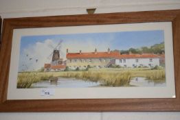 Windmill and cottages, watercolour, framed and glazed