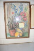 Still life of flowers and fruit, pastel, framed and glazed