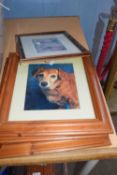 Four prints of dogs in pine frames