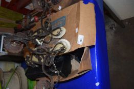 A box of tow hitch fittings, wall lights etc