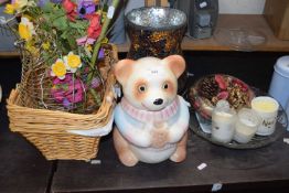 Mixed Lot: Teddy bear cookie jar, baskets, faux flowers, glass vases, dishes etc