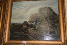 Figures on a path, oil on canvas, gilt frame
