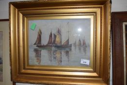 Barges on the Water, oil on board in gilt frame