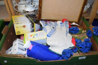 Box of various household wares, fake flowers, light bulbs etc