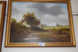 Figures before a cottage, oil on board in gilt frame