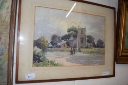 Church scene, watercolour, framed and glazed