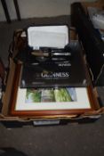 Box of mixed pictures, cased cutlery etc