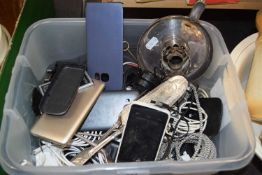 Mixed Lot: Assorted cables, batteries, mobile phones, flat ware etc