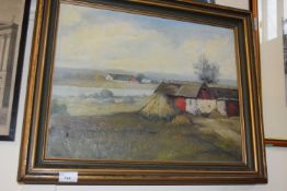 Hayfields and barns, oil on canvas, framed