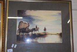 Wagon and horses by a river, watercolour, framed and glazed