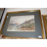 Upland landscape scene with mountain stream, watercolour, indistinctly signed, possibly W Hurd,