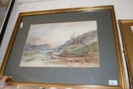 Upland landscape scene with mountain stream, watercolour, indistinctly signed, possibly W Hurd,