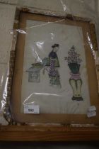 Chinese silk work picture, framed but in damaged condition