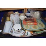 Box of various mixed ceramics, glass light shade etc