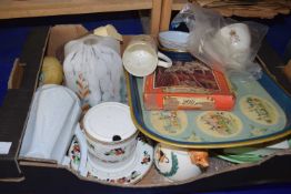 Box of various mixed ceramics, glass light shade etc