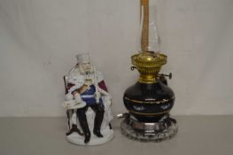 Mixed Lot: Small porcelain based oil lamp, a German porcelain tobacco jar and an ashtray