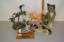 Mixed Lot: A bronzed metal model of a crane, various other animal ornaments