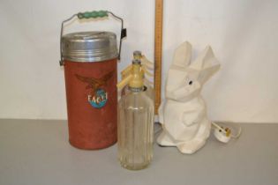 Mixed Lot: Pottery rabbit lamp, two soda syphons and a Eagle brand food container