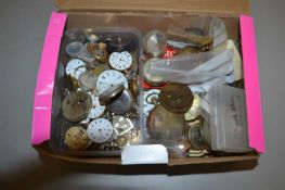 Box of various base metal pocket watches, watch parts etc