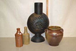 Mixed Lot: Modern pierced form vase, two stone ware bottles and a further small glazed pot