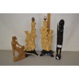 Two Oriental resin table lamps plus two further figures