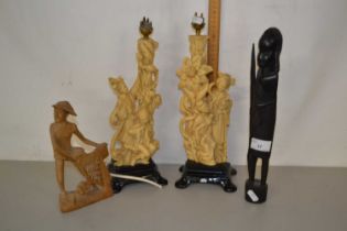 Two Oriental resin table lamps plus two further figures