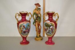 Pair of gilt finish vases together with a resin Oriental figure