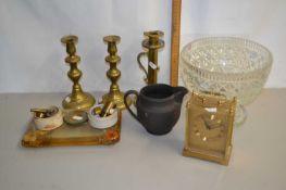 Mixed Lot: Various brass candlesticks, brass pedestal bowl, black basalt ware jug and other items