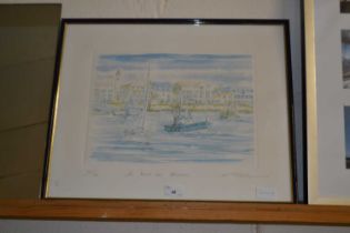 A French limited edition print of a harbour scene, framed and glazed