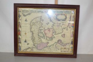 Reproduction coloured map of the Kingdom of Denmark, framed