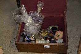 Vintage copper mounted slipper box containing assorted items including vintage AA badge, decanter