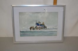 20th Century school study of a boat launch, watercolour, framed and glazed, indistinctly signed