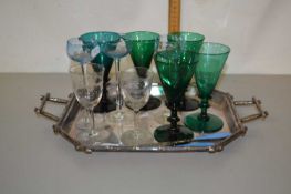 A silver plated tray containing various turquoise and other drinking glasses, manicure items etc