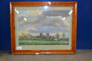 J W Edmunds - All Saints Church, Dickleburgh from Lodge Farm, maple framed and glazed
