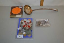 Mixed Lot: Silver plated soup ladel, paste coinage, Charlton Athletic car badge etc