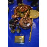 Mixed Lot: Various assorted copper and brass wares to include kettle, serving trays, vases,