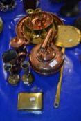 Mixed Lot: Various assorted copper and brass wares to include kettle, serving trays, vases,