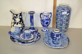 Group of blue and white ceramics to include Wedgwood candlestick, various plates, jugs etc