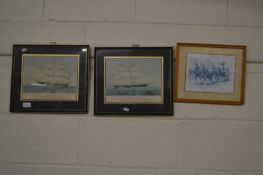 Two coloured shipping prints together with a coloured print of a Draymans cart (3)