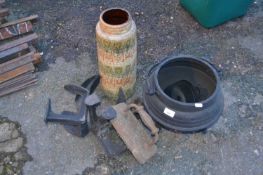 Mixed Lot: West German vase (damaged), shoe lasts, a cauldron shaped pot and a billiard table iron