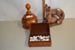 Mixed Lot: Model of two foxes, mixed lot of collectors thimbles and a carved wooden covered