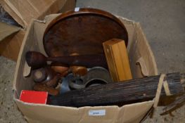 Box of mixed wares to include a vintage parasol, pewter tankard etc